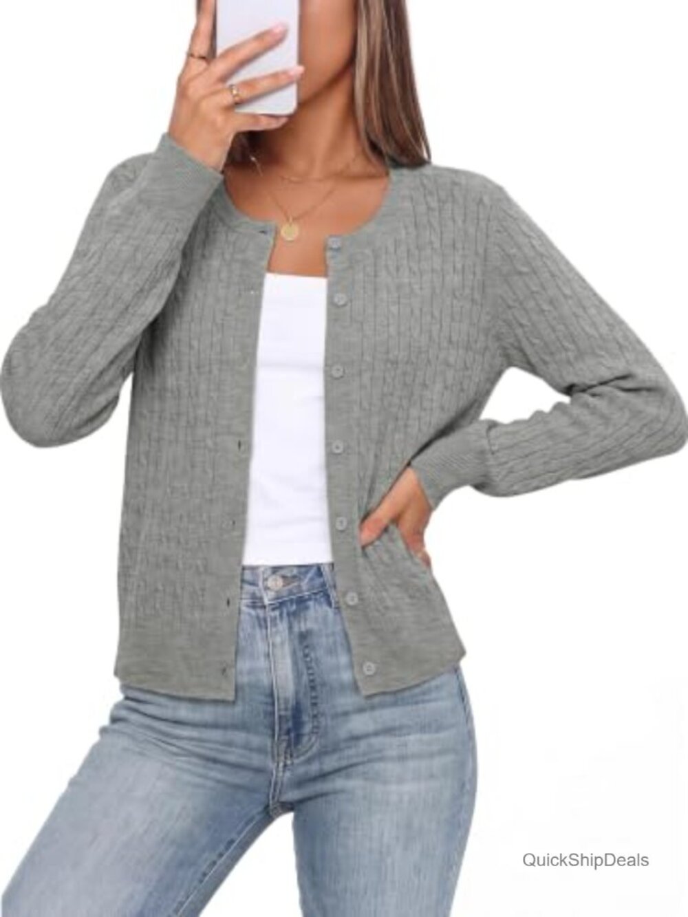 Womens Cable Knit Cardigan Long Sleeve Button Sweater
